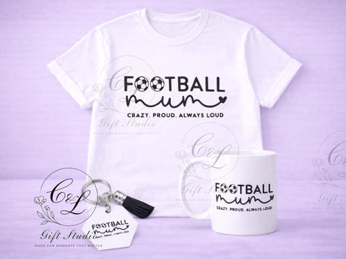 Football Mum Gift Set | Football Mum T-Shirt, Cold or Hot Cup, Cup & Keyring | Sports Mum Gift | Personalised Football Bundle