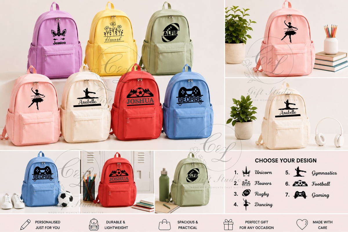 Personalised Kids Backpack 9L | Name School Bag | Front & Side Pockets | Nursery Backpack | Dance Football Gymnastics Bag | Gift for Kids