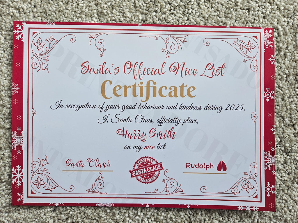 Personalised letter from Santa with Nice List Certificate and envelope 2026 Christmas eve box
