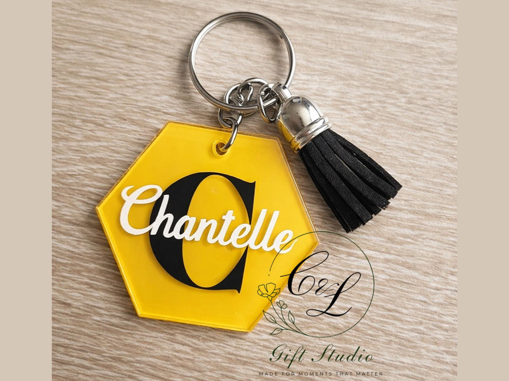 Personalised Initial & Name Keyring | Custom Keychain | Circle or Hexagon | Gift with Hobby Icon | Handmade Keyring