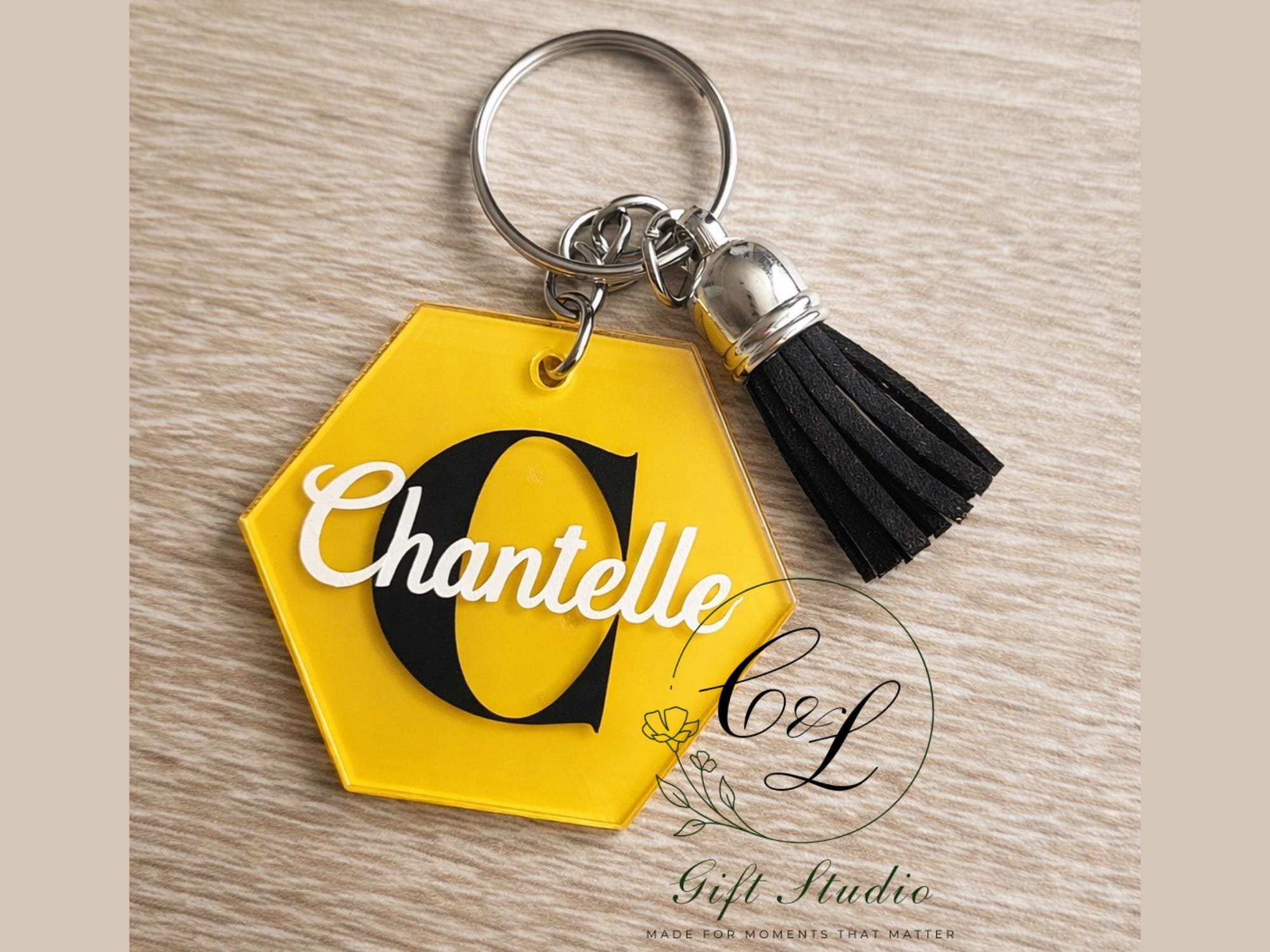 Personalised Initial & Name Keyring | Custom Keychain | Circle or Hexagon | Gift with Hobby Icon | Handmade Keyring