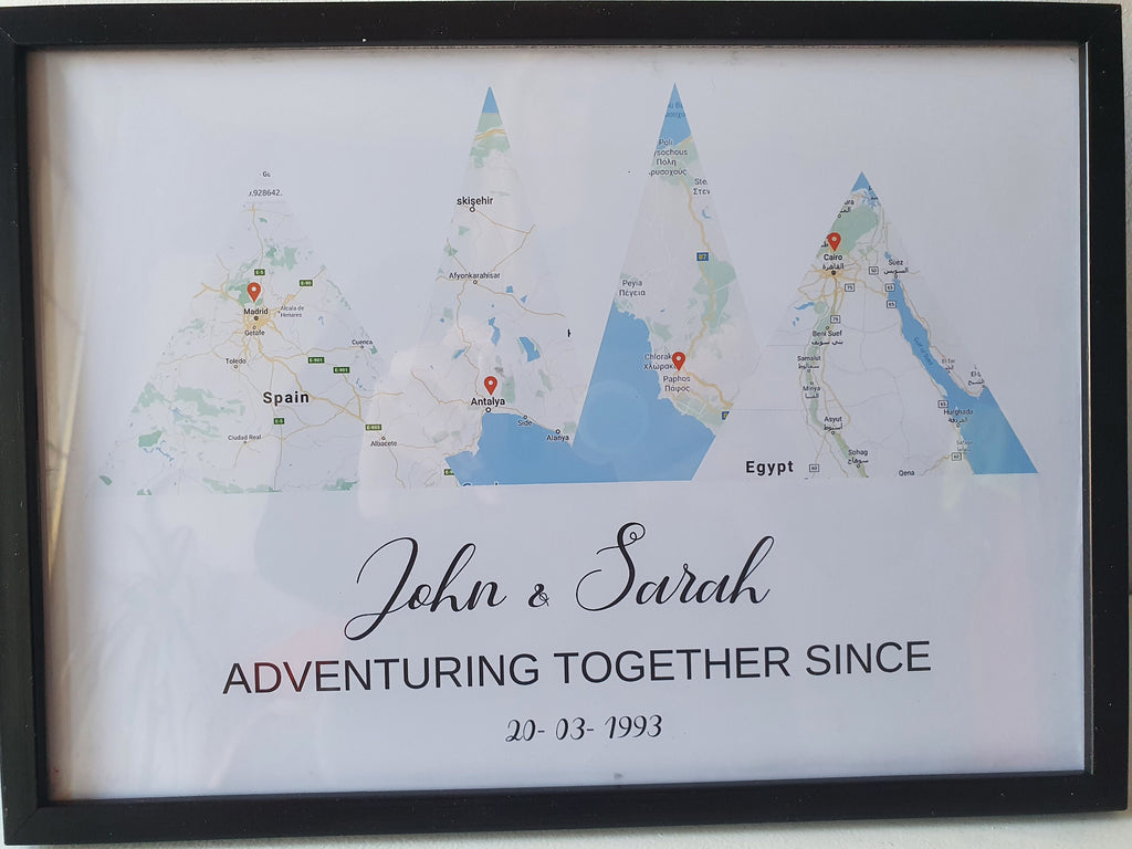 Personalised Map of adventures together with pin drop, anniversary valentines gift