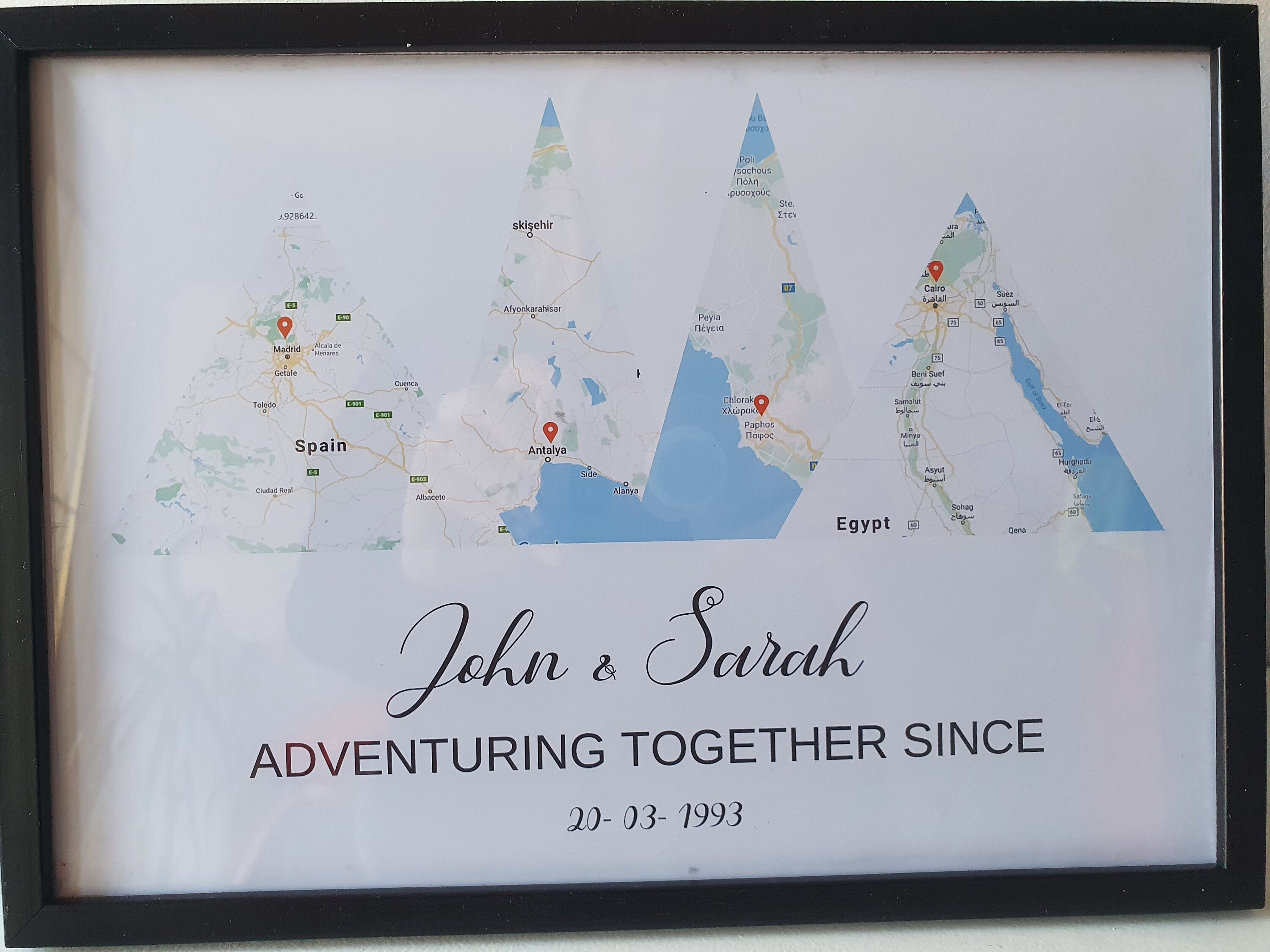 Personalised Map of adventures together with pin drop, anniversary valentines gift