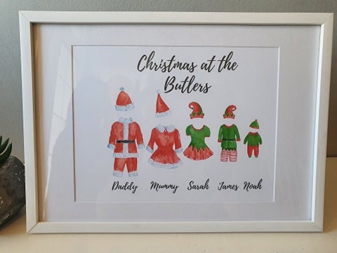 Personalised Christmas Santa and Elf Outfit Family Prints with Names