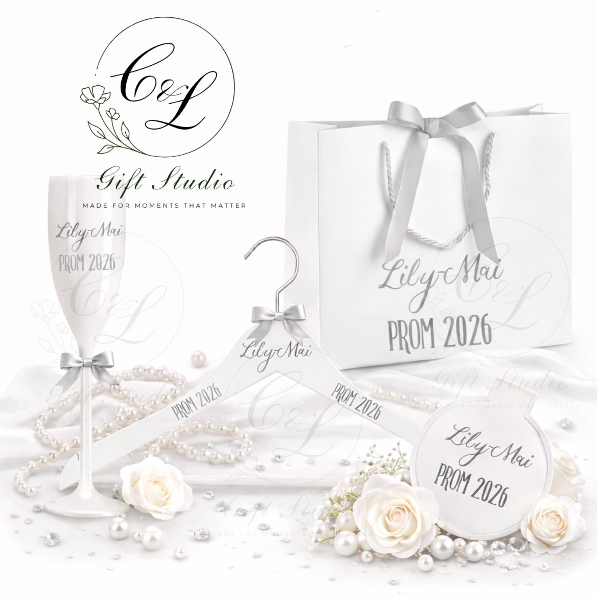 Personalised Prom Gift 2026 | Prom Night Gift Set | Custom Prom Slippers, Hanger & Champagne Glass | Prom Keepsake Box | Prom Accessories