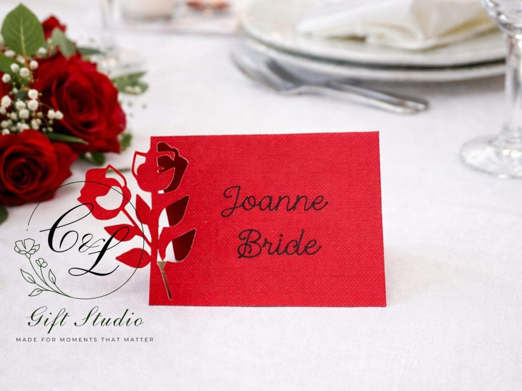 Personalised Side Rose Laser Cut Wedding Name Place Cards | Elegant Table Names | Wedding Place Settings | Luxury Wedding Decor
