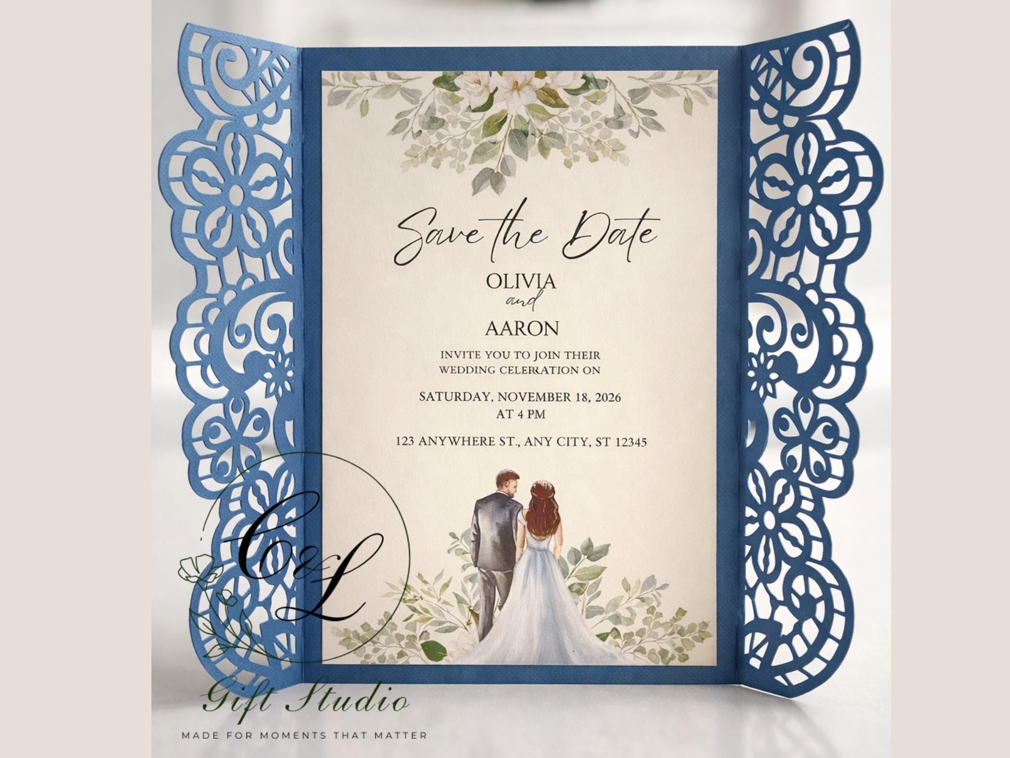Personalised Laser Cut Save the Date Cards | Elegant Lace Wedding Save the Dates | Personalized Wedding Announcement | Floral Gatefold Card
