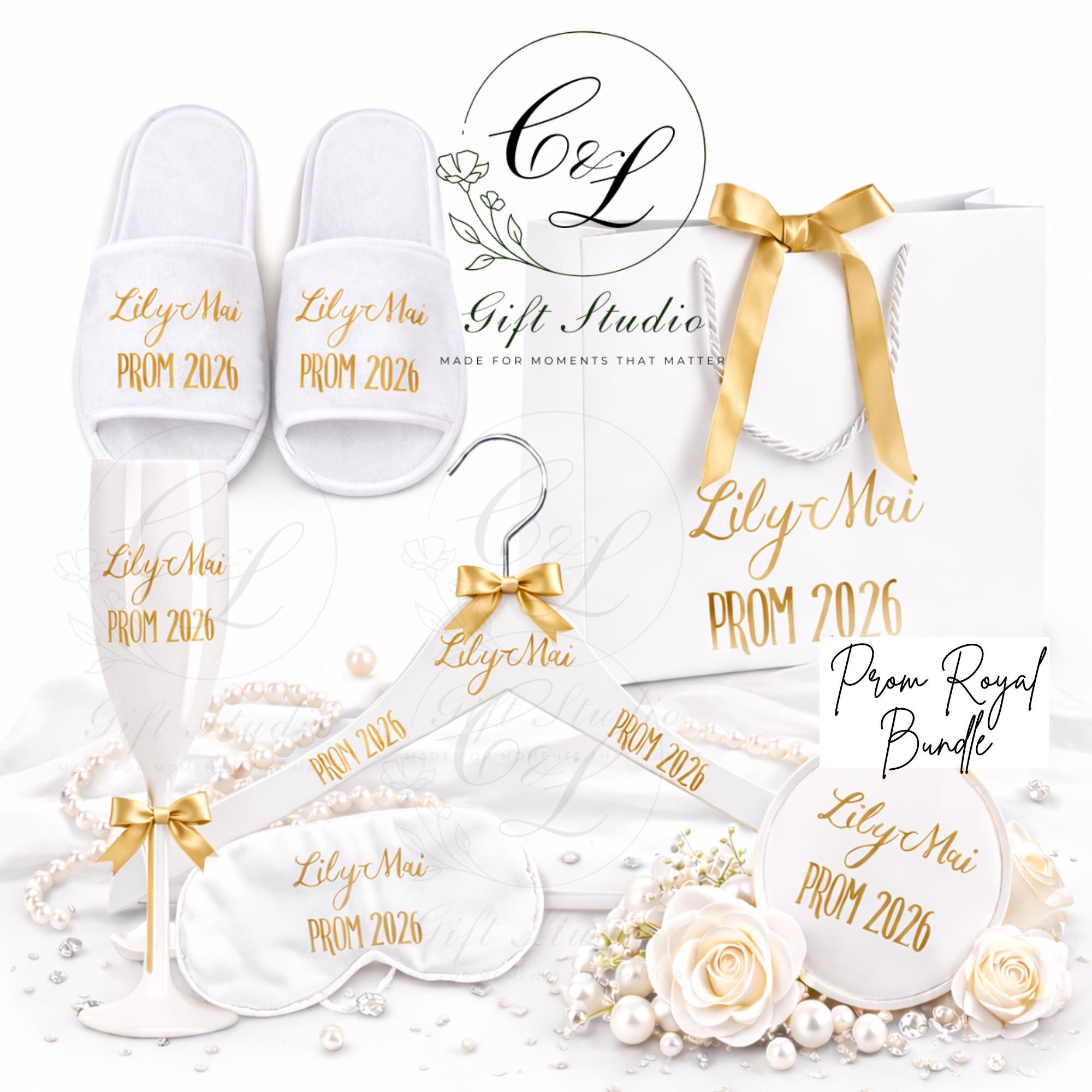 Personalised Prom Gift 2026 | Prom Night Gift Set | Custom Prom Slippers, Hanger & Champagne Glass | Prom Keepsake Box | Prom Accessories