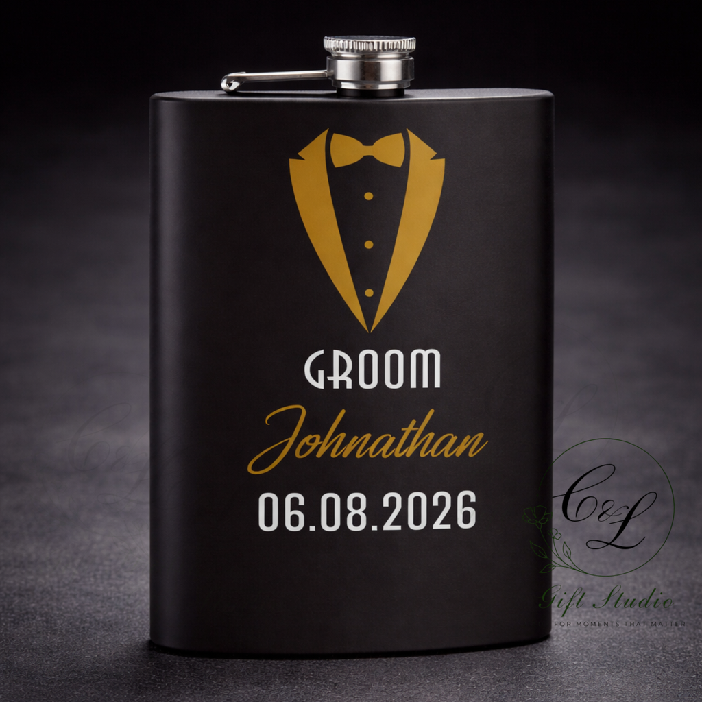 Personalised Groom, Best Man, Groomsman Hip Flask (Black) – Custom Wedding Party Gift for Best Man, Groomsmen Gift, Flask with Name & Date