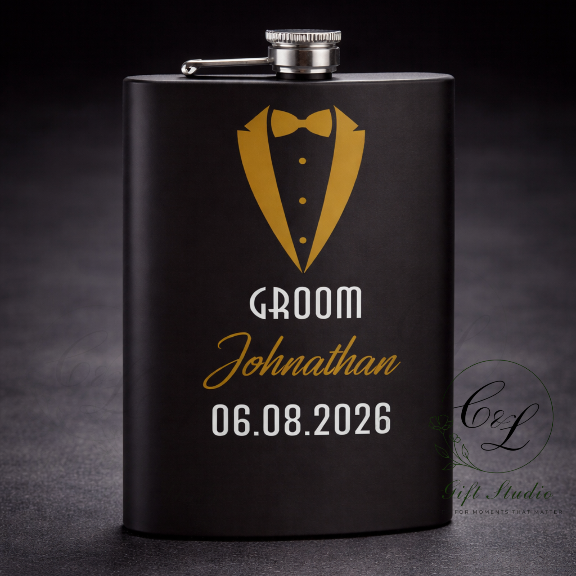 Personalised Groom, Best Man, Groomsman Hip Flask (Black) – Custom Wedding Party Gift for Best Man, Groomsmen Gift, Flask with Name & Date
