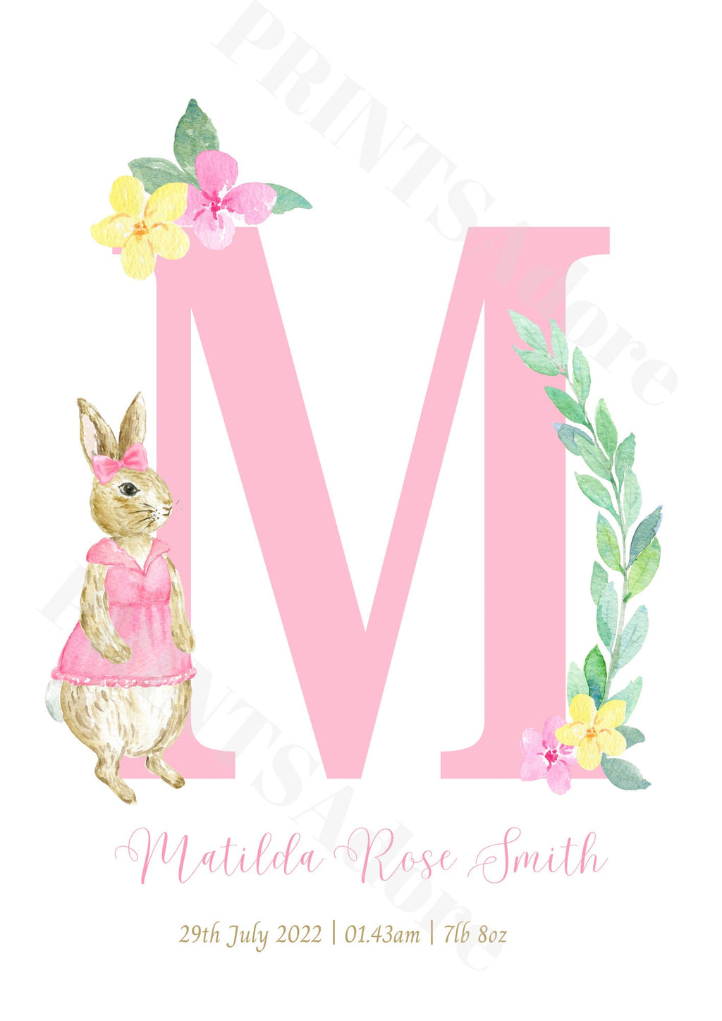 Personalised Girls Pink Floral Flopsy Rabbit Birth Print - Nursery Print - Name Print - Girls bedroom decor - New Baby Gift - Gift Print