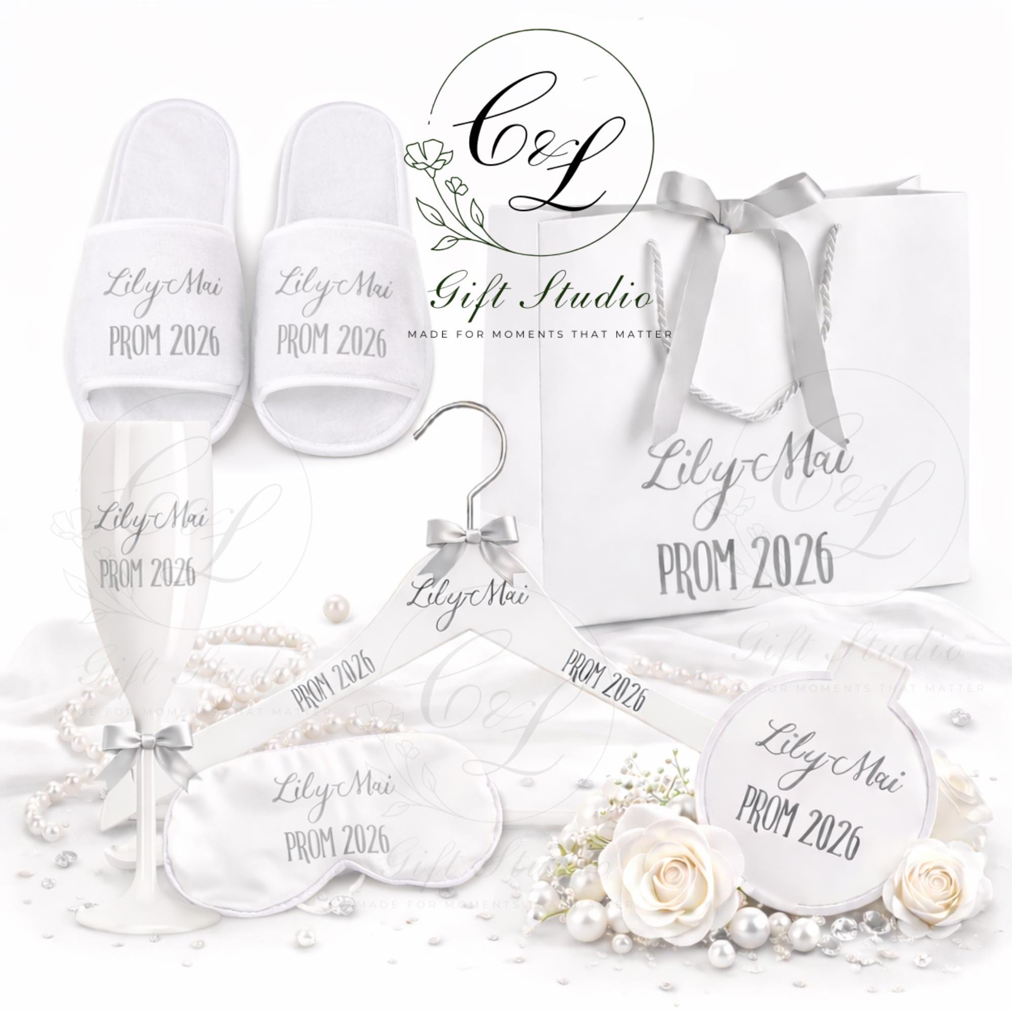 Personalised Prom Gift 2026 | Prom Night Gift Set | Custom Prom Slippers, Hanger & Champagne Glass | Prom Keepsake Box | Prom Accessories