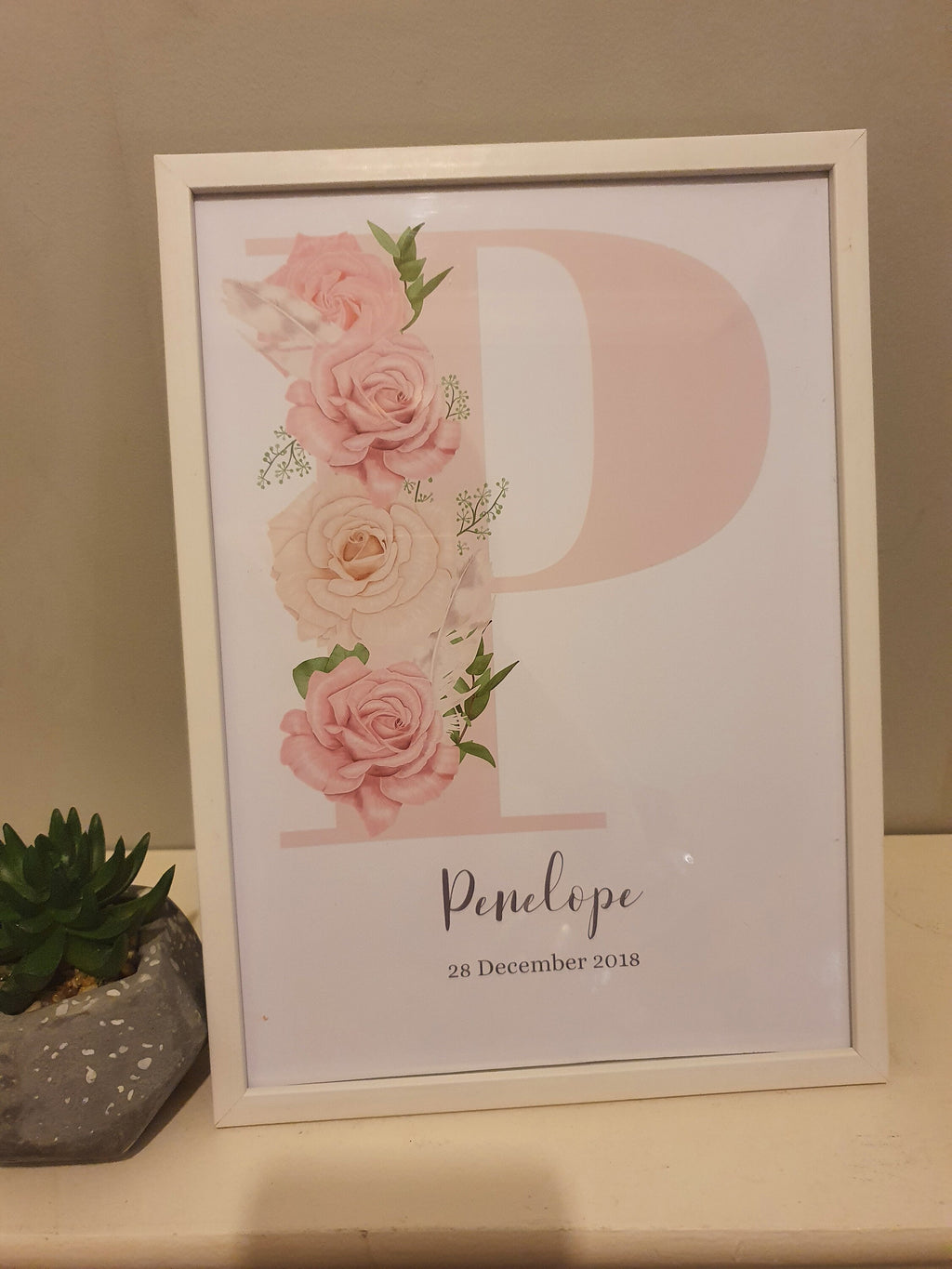 Personalised Girl Initial Roses Nursery Bedroom pretty Print- different colours