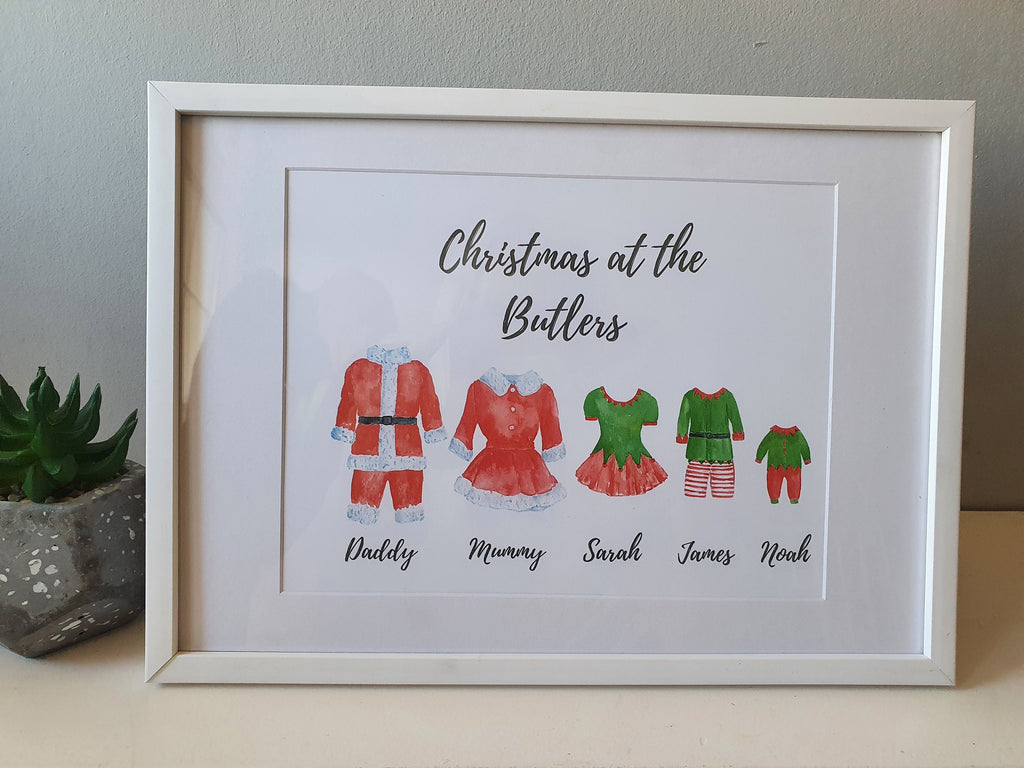Personalised Christmas Santa and Elf Outfit Family Prints with Names