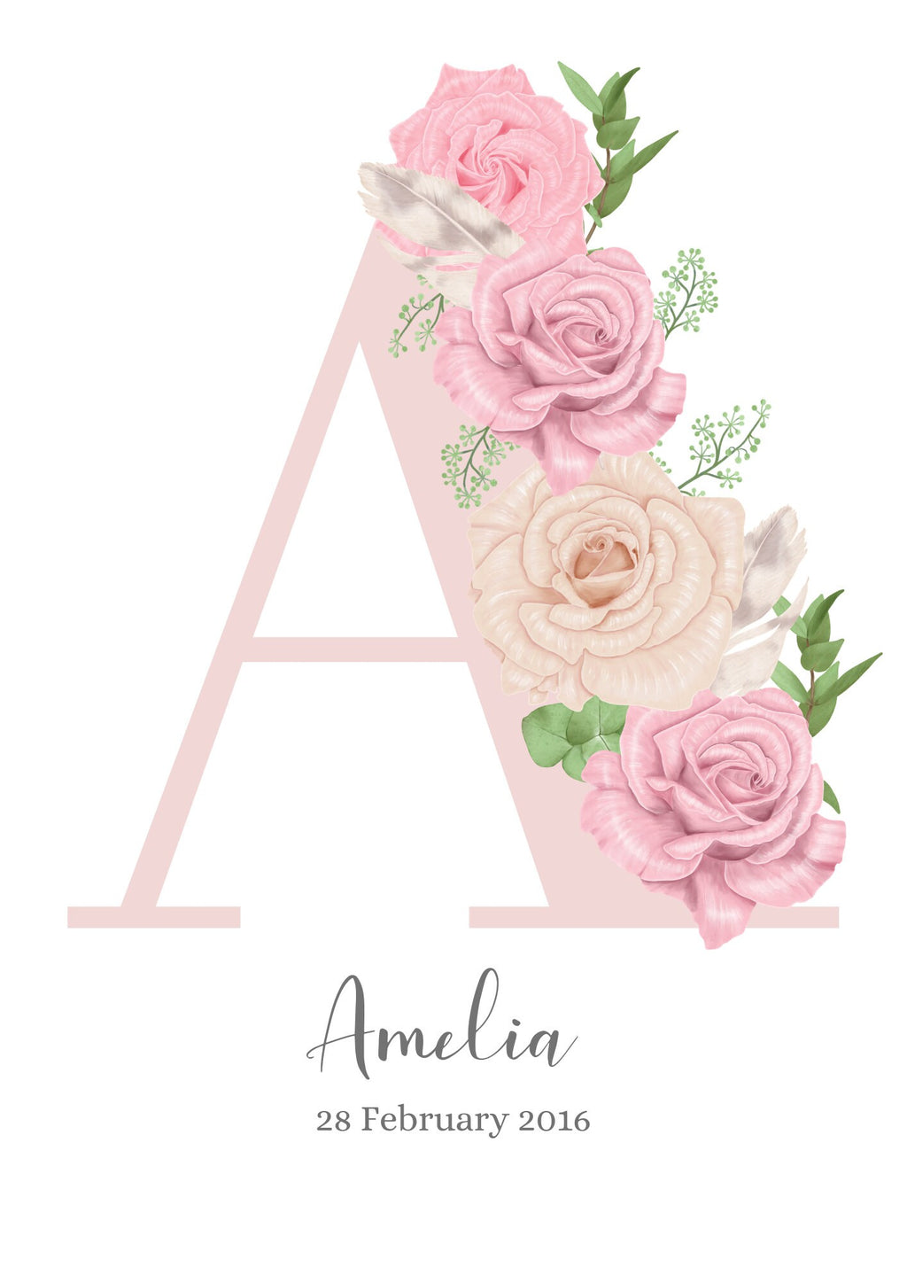 Personalised Girl Initial Roses Nursery Bedroom pretty Print- different colours