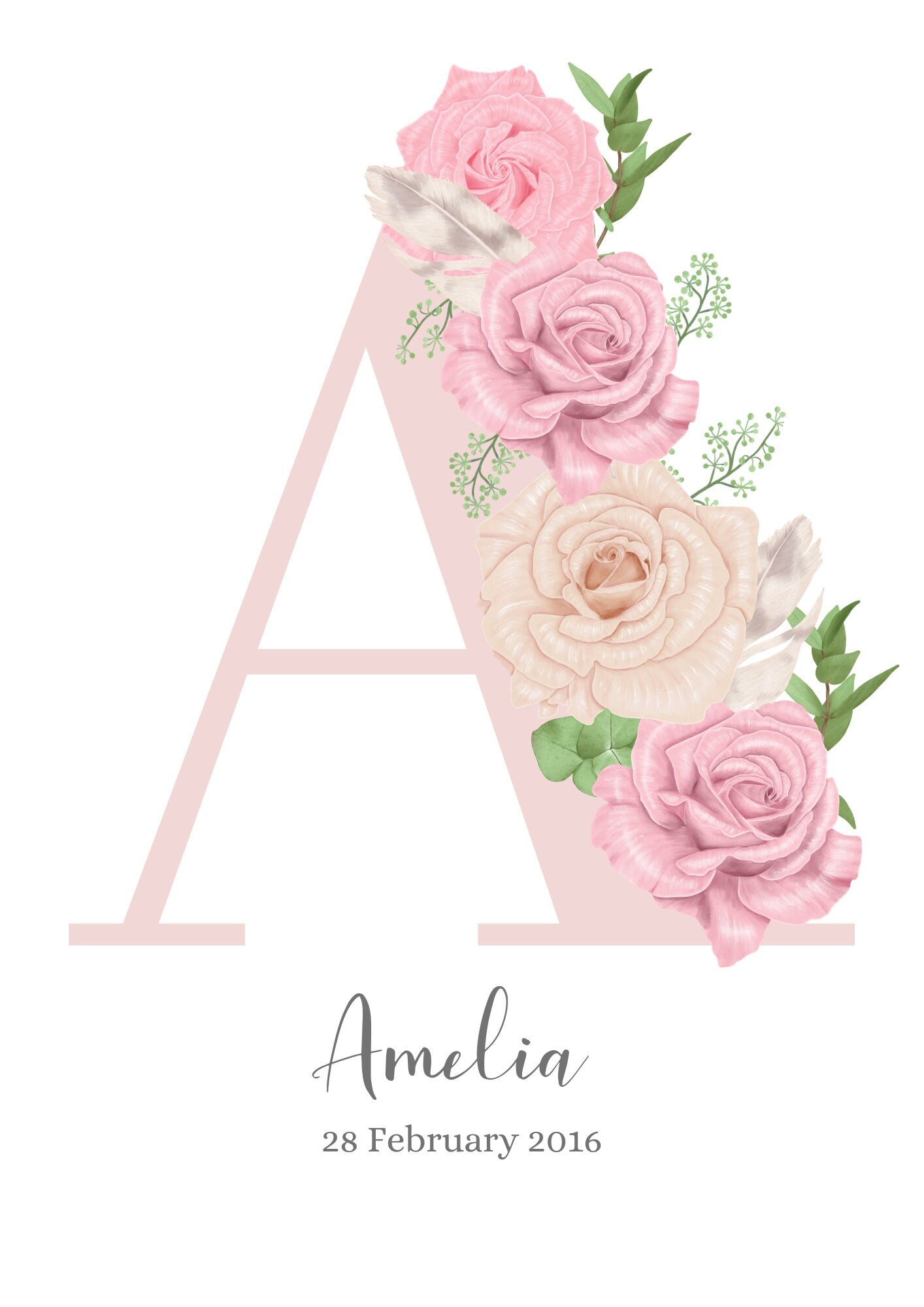 Personalised Girl Initial Roses Nursery Bedroom pretty Print- different colours