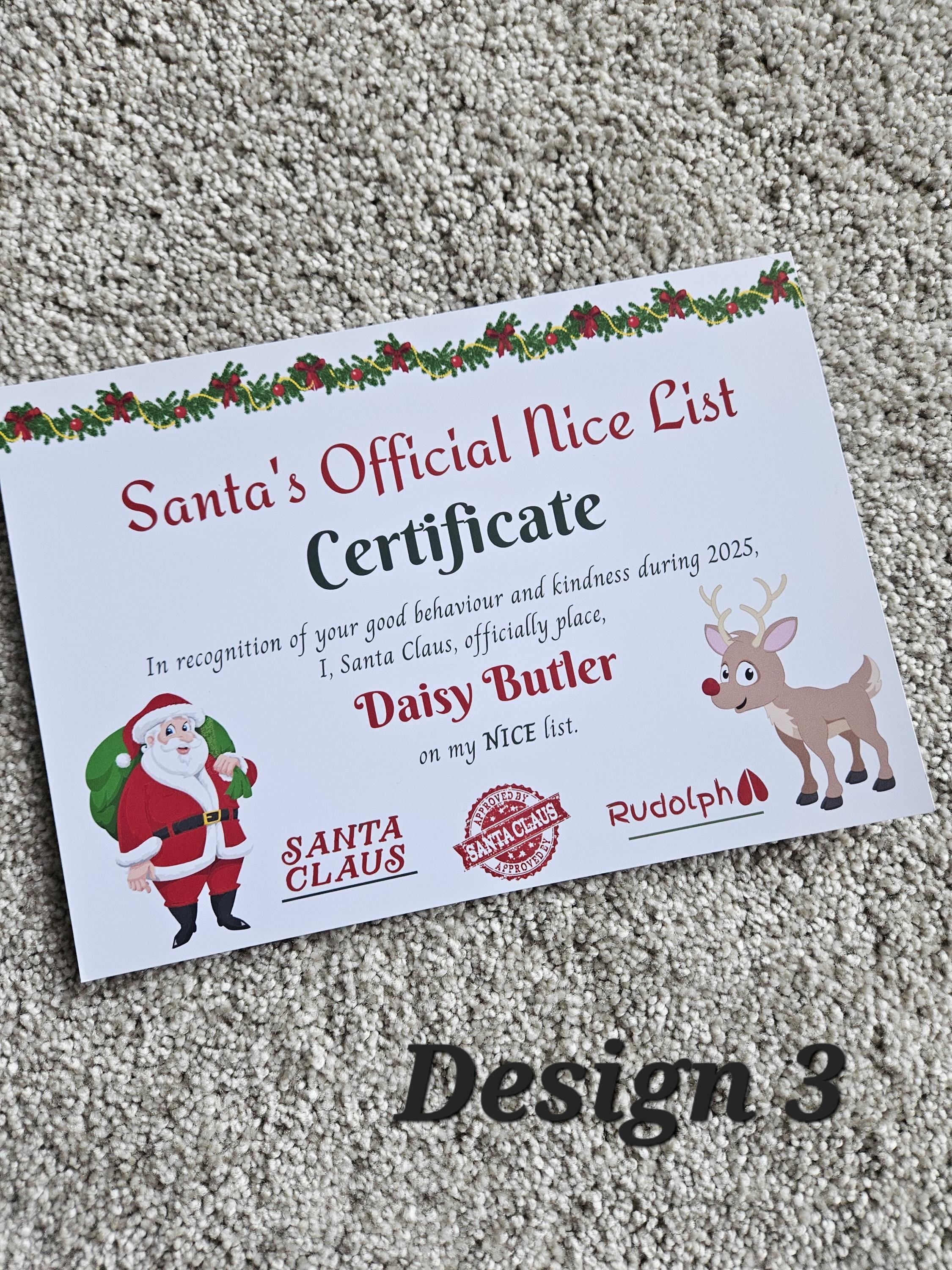 Santa Claus Christmas Official Nice List 2025 Certificate