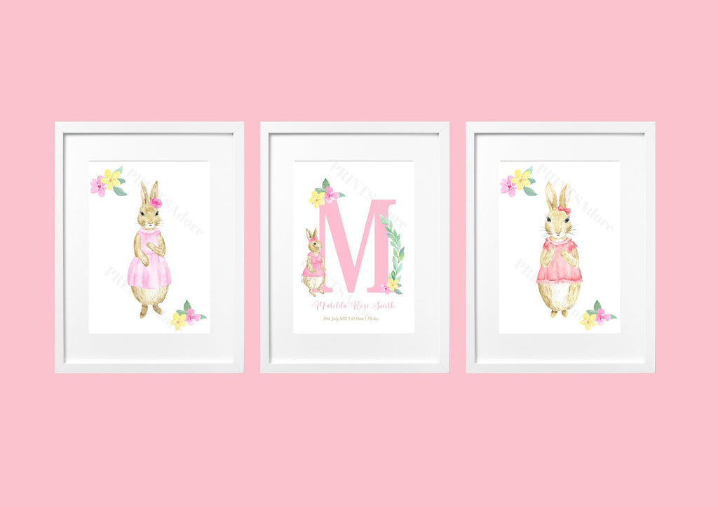 Personalised set of 3 Girls Pink Floral Flopsy Rabbit Birth Print - Nursery Print - Girls bedroom decor - New Baby Gift - Gift Print