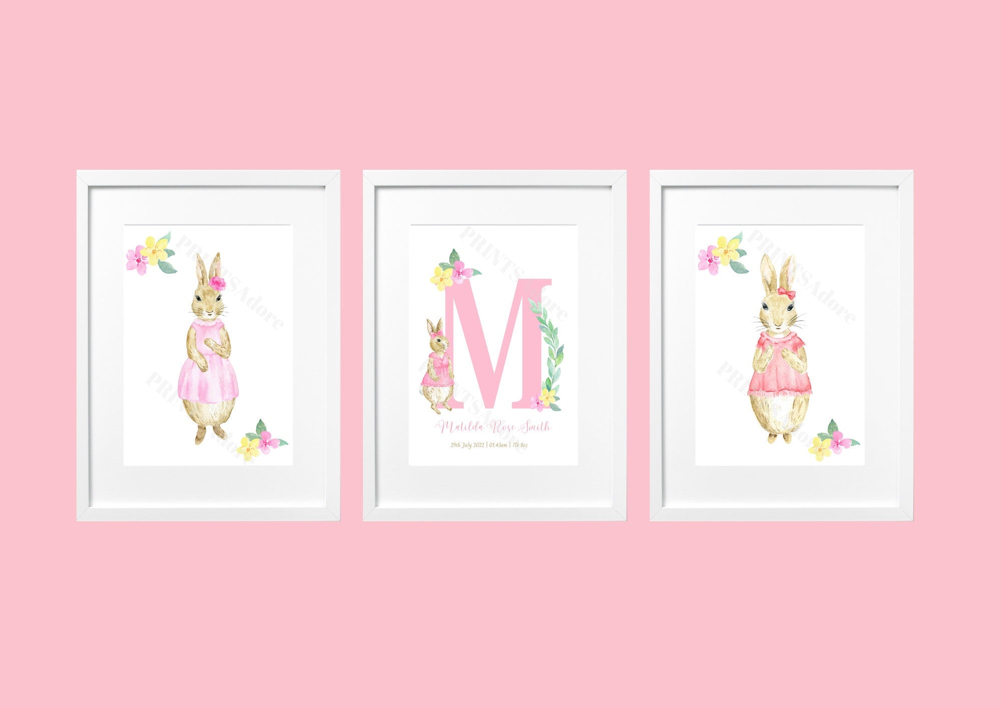 Personalised set of 3 Girls Pink Floral Flopsy Rabbit Birth Print - Nursery Print - Girls bedroom decor - New Baby Gift - Gift Print