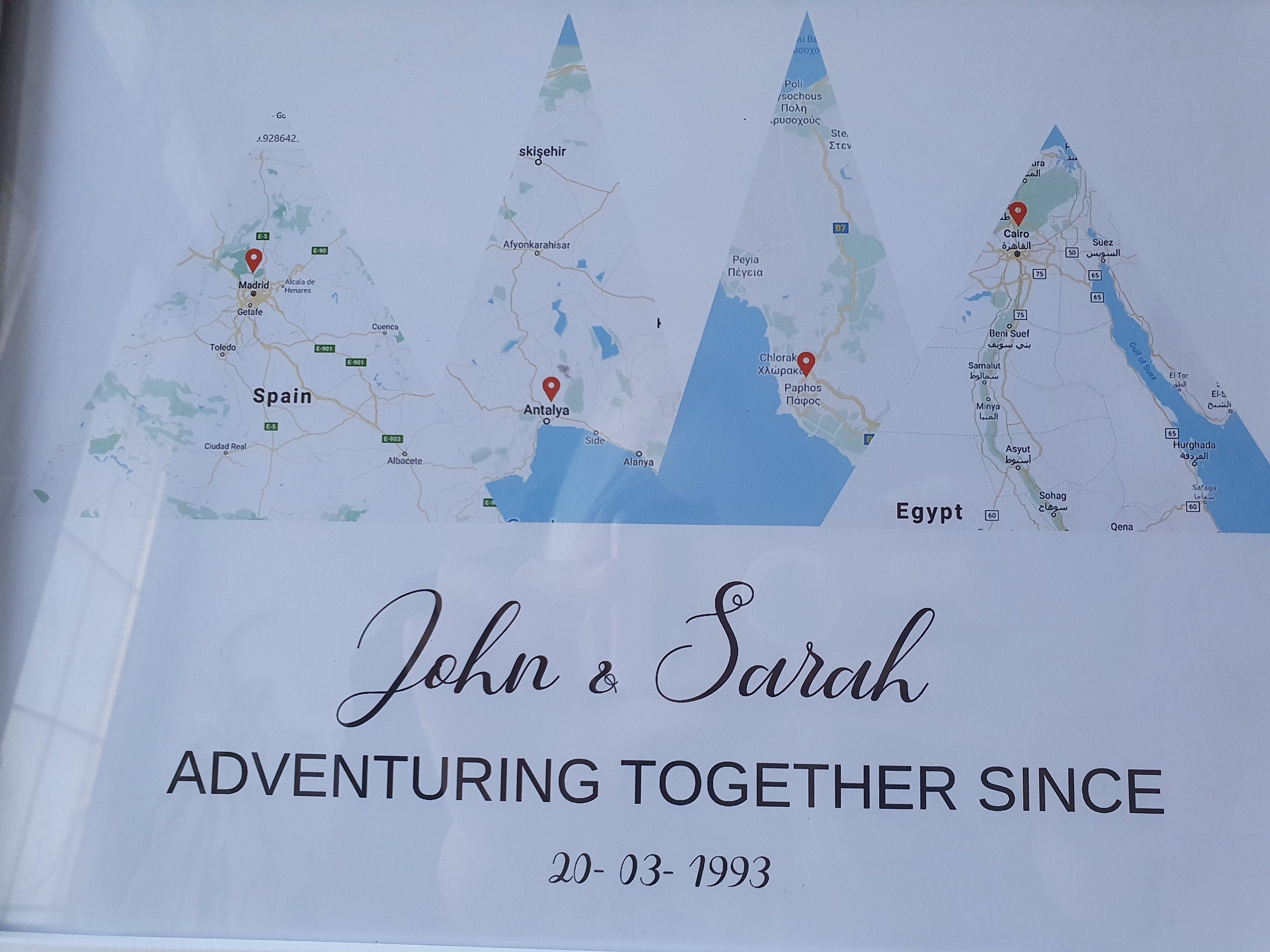 Personalised Map of adventures together with pin drop, anniversary valentines gift