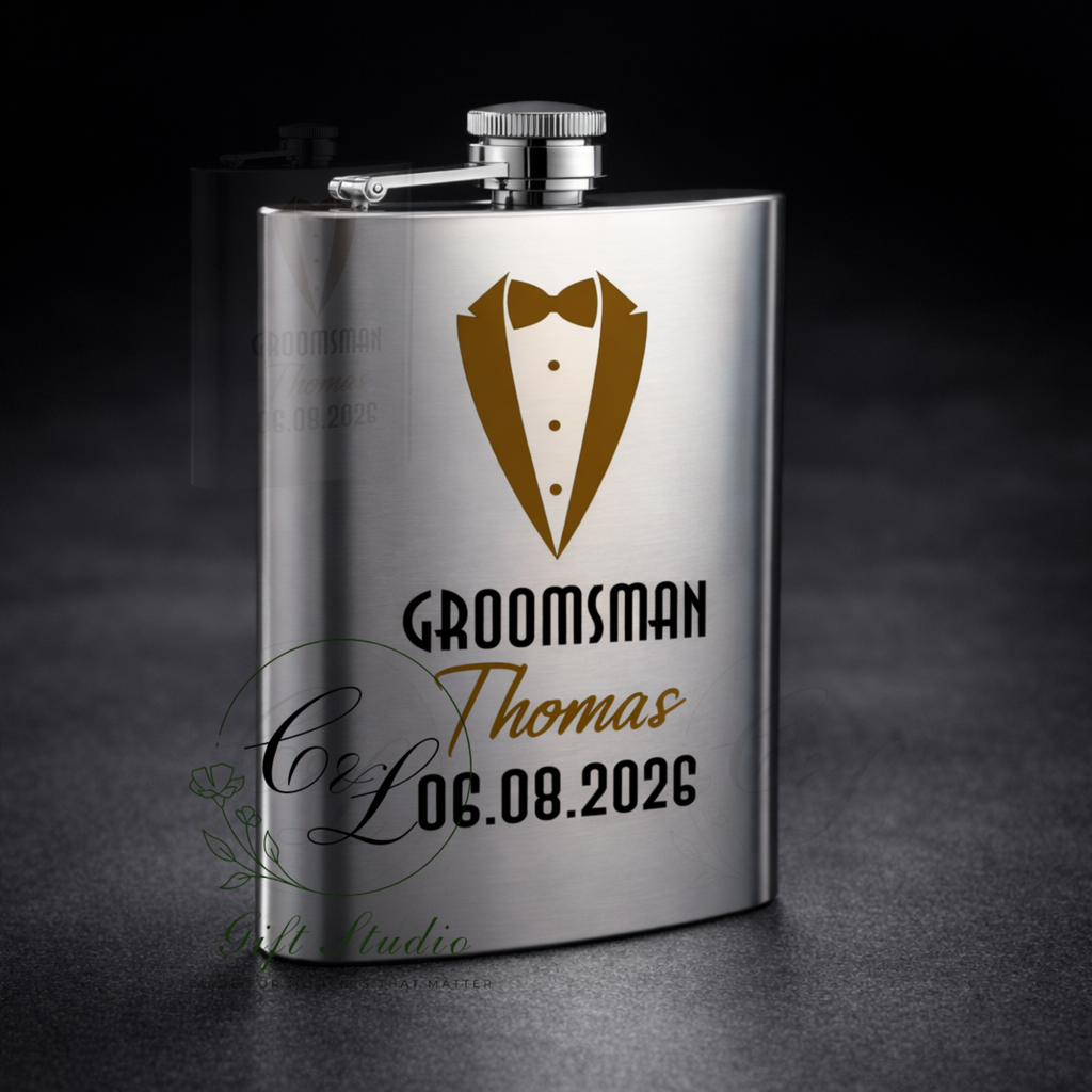 Personalised Groom, Best Man, Groomsman Hip Flask – Custom Wedding Party Gift for Best Man, Groomsmen Gift, Flask with Name & Date