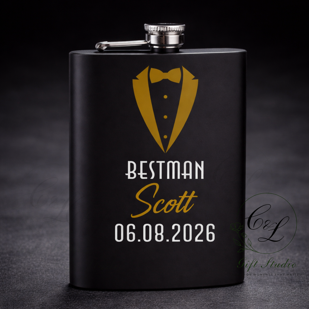 Personalised Groom, Best Man, Groomsman Hip Flask (Black) – Custom Wedding Party Gift for Best Man, Groomsmen Gift, Flask with Name & Date