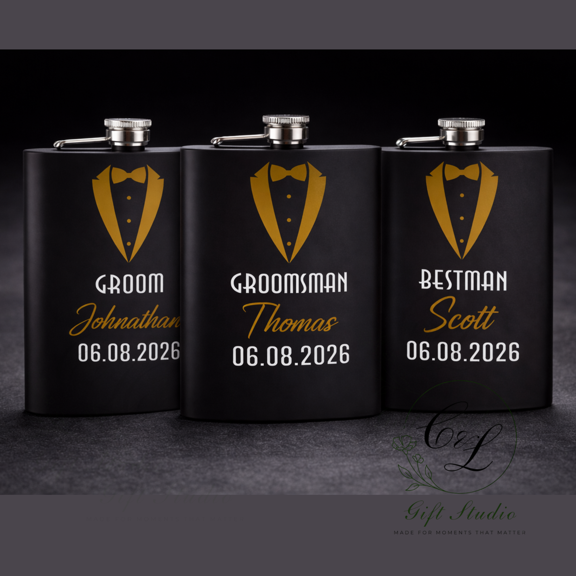 Personalised Groom, Best Man, Groomsman Hip Flask (Black) – Custom Wedding Party Gift for Best Man, Groomsmen Gift, Flask with Name & Date