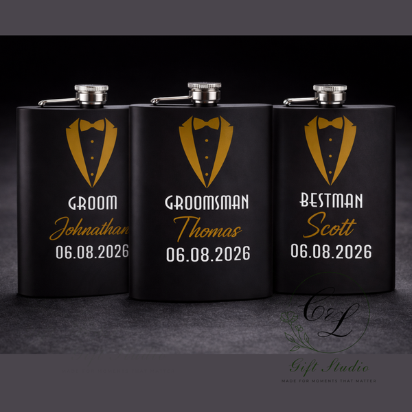 Personalised Groom, Best Man, Groomsman Hip Flask (Black) – Custom Wedding Party Gift for Best Man, Groomsmen Gift, Flask with Name & Date