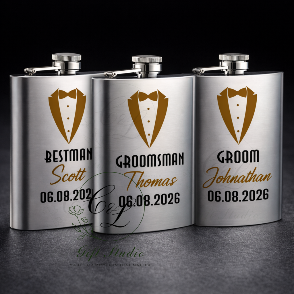 Personalised Groom, Best Man, Groomsman Hip Flask – Custom Wedding Party Gift for Best Man, Groomsmen Gift, Flask with Name & Date