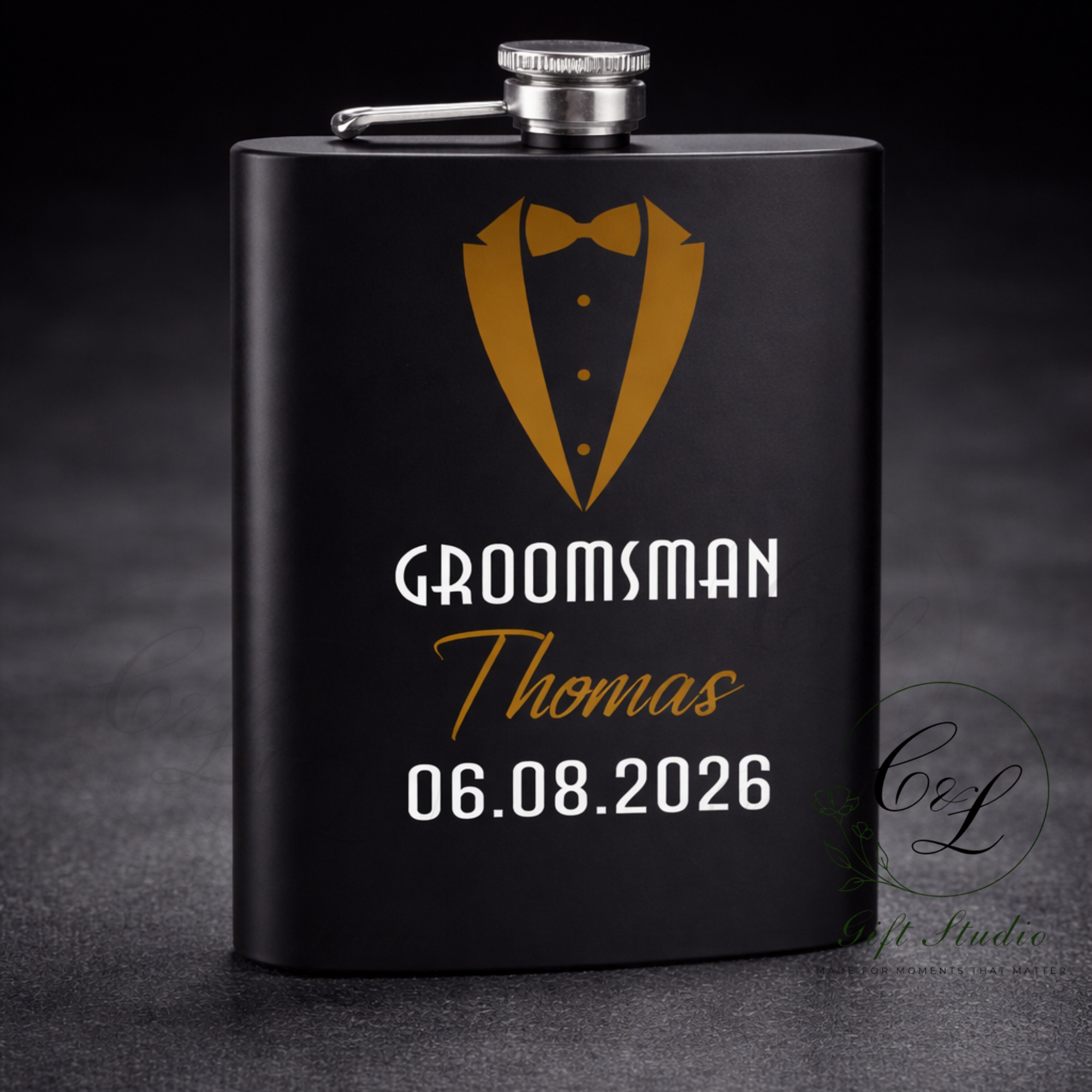Personalised Groom, Best Man, Groomsman Hip Flask (Black) – Custom Wedding Party Gift for Best Man, Groomsmen Gift, Flask with Name & Date